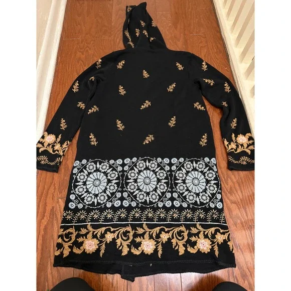 Johnny Was Black Embroidered Floral Hooded Long Cardigan Duster Sweater XS - Picture 6 of 7